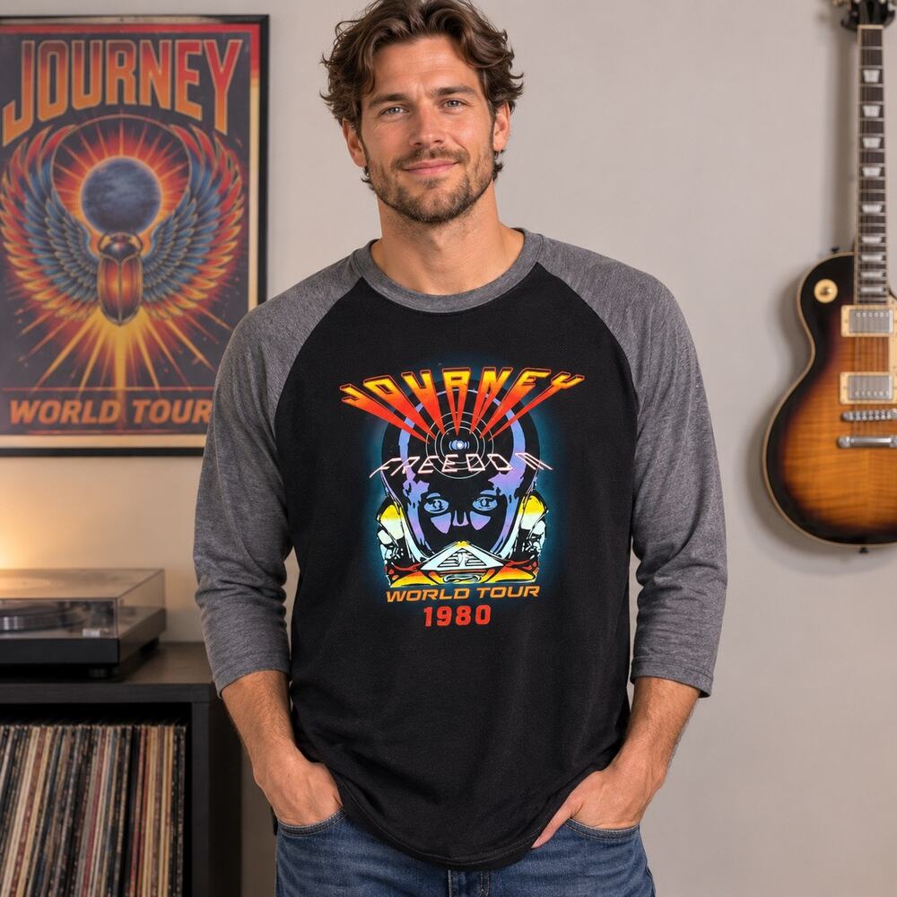 Journey Freedom Tour 2024 Concert Shirt Raglan 3/4 Sleeve Black Gray Band Tee
